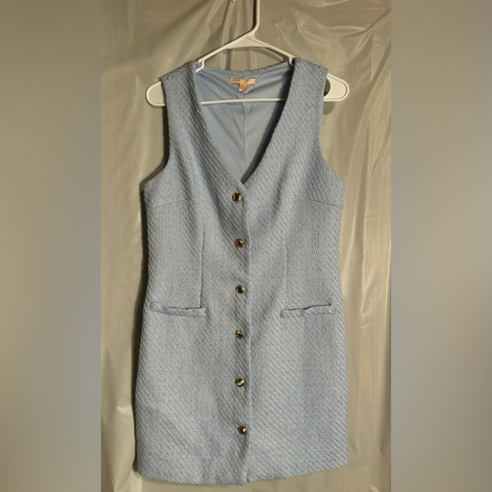 BeBop Light Blue Textured Mini Dress with Gold Buttons